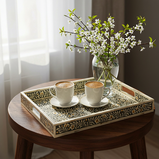 Bone Inlay Tray – Floral Pattern with Brass Handles