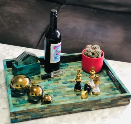 Bone Inlay Tray Brick Pattern Antique Blue Tray by REHMAN CRAFT