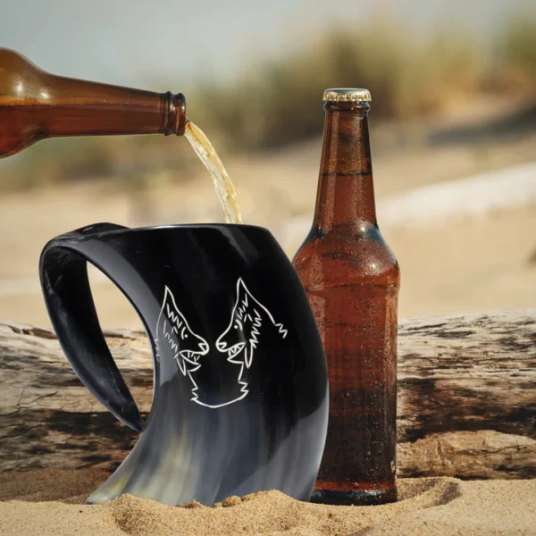 Horn Whiskey Mugs - Holds Up to 6.5 Oz, Twin Wolf by REHMAN CRAFT