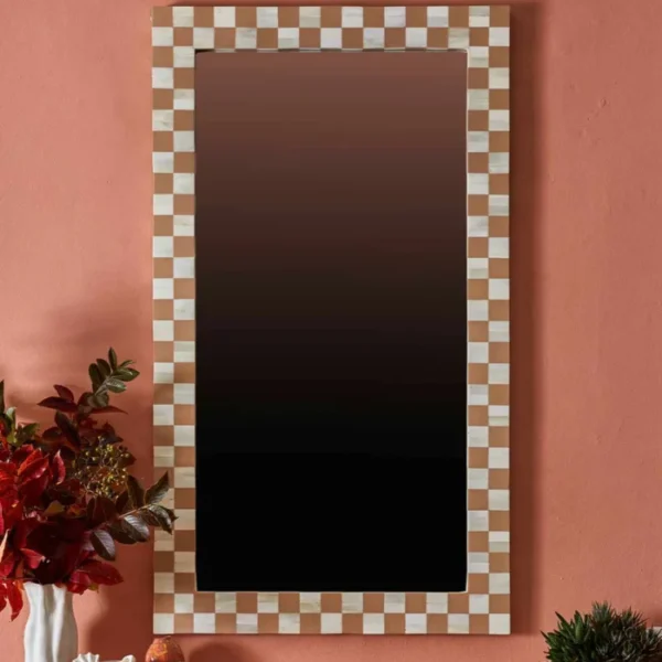 Bone Inlay Checkerboard Mirror in Almond by REHMAN CRAFT