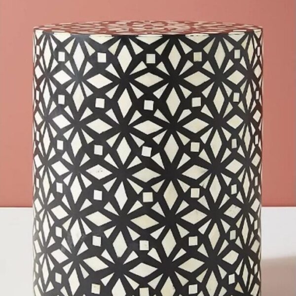 Bone Inlay Geo Drum / Side Stool in Black by REHMAN CRAFT